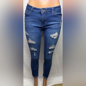 Wax Jean Women's Ripped Skinny Jeans - Dark Blue